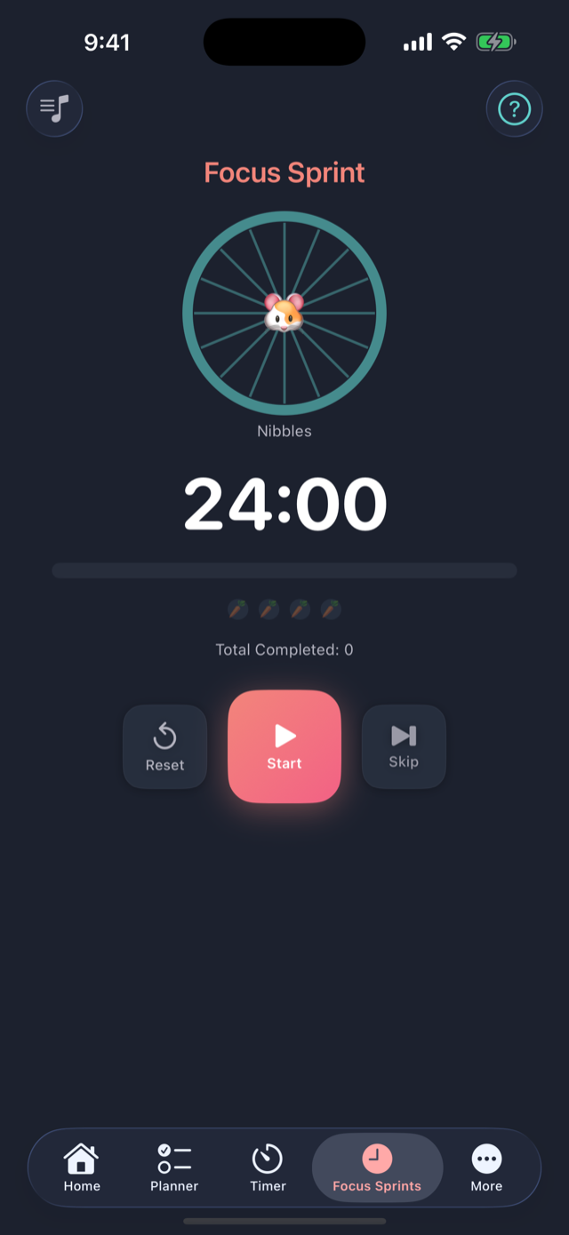 Focus Sprint timer at 24 minutes with the hamster companion in the wheel