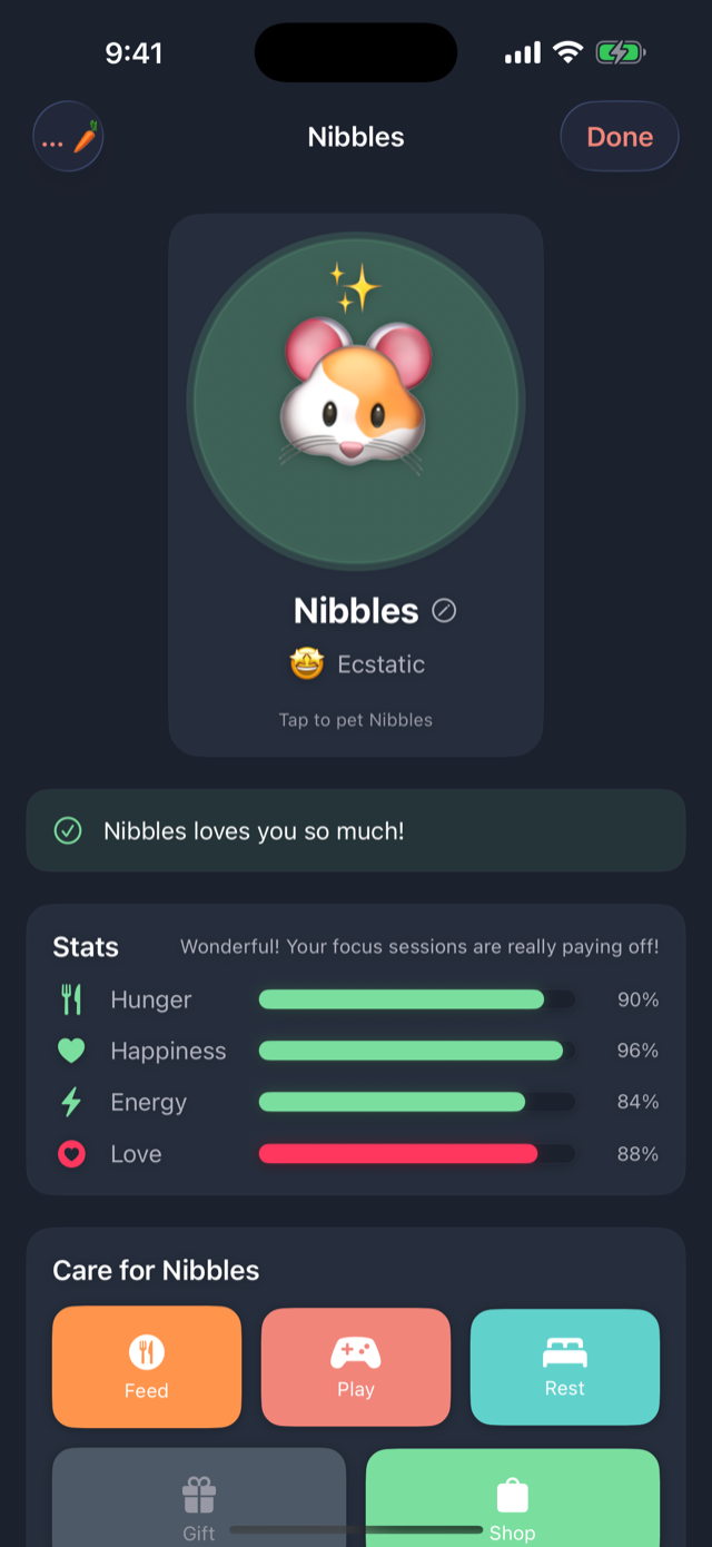 Hamster companion screen showing mood, stats, and care actions