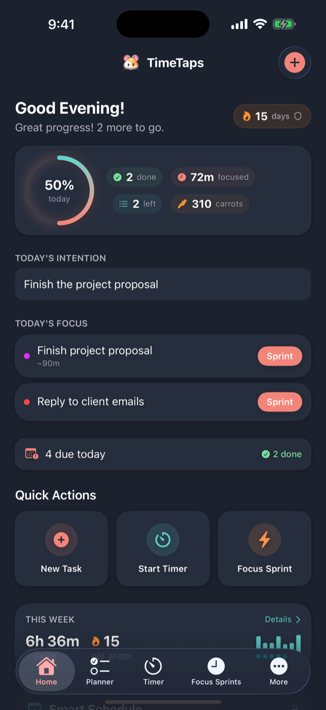 TimeTaps home screen with daily progress ring, focus streak, and today's tasks
