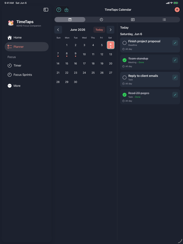 TimeTaps planner calendar on iPad with tasks and due dates