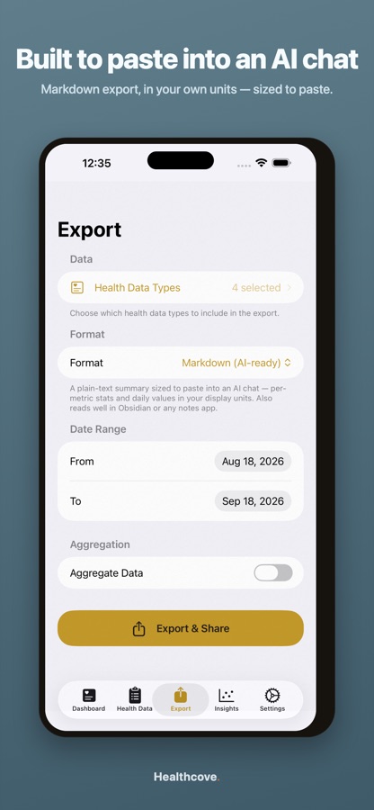 Healthcove export screen set to Markdown, built to paste into an AI chat