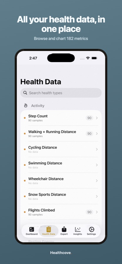 Healthcove health data browser listing all data types