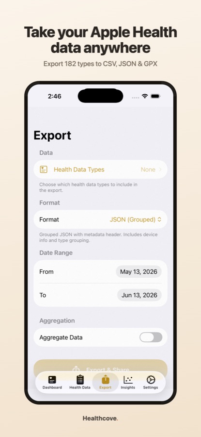 Healthcove export screen on iPhone: format picker and health data types with a date range