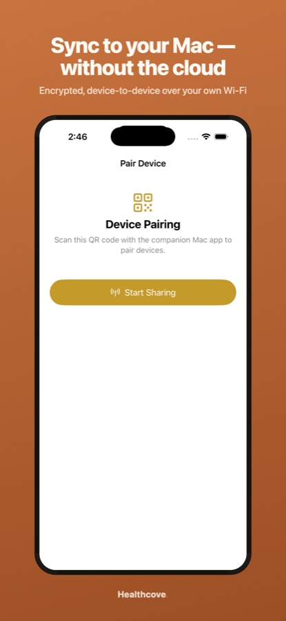 Healthcove pairing screen: sync to your Mac over your own Wi-Fi