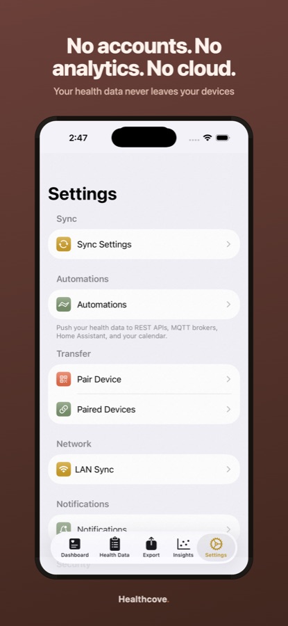 Healthcove settings screen: no accounts, no analytics, no cloud